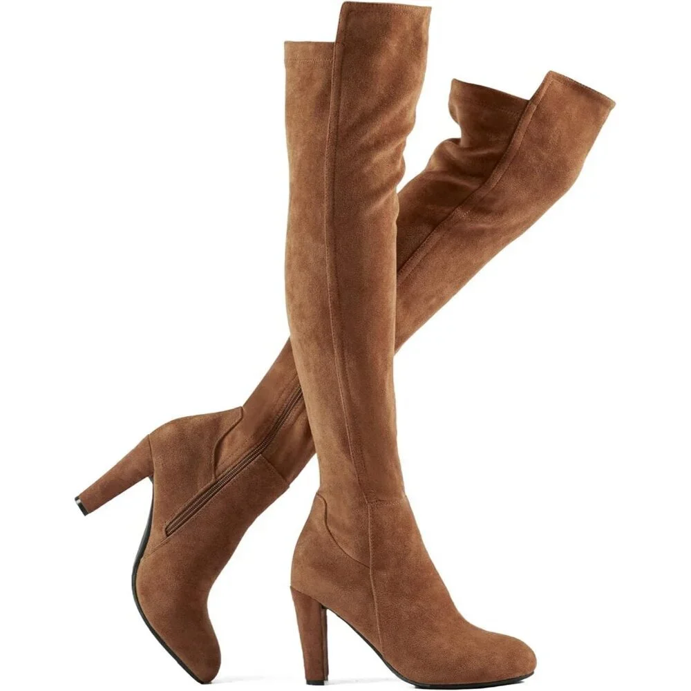 Women Dark Brown Faux Suede Chunky Heel Stretch Over The Knee Thigh High Boot